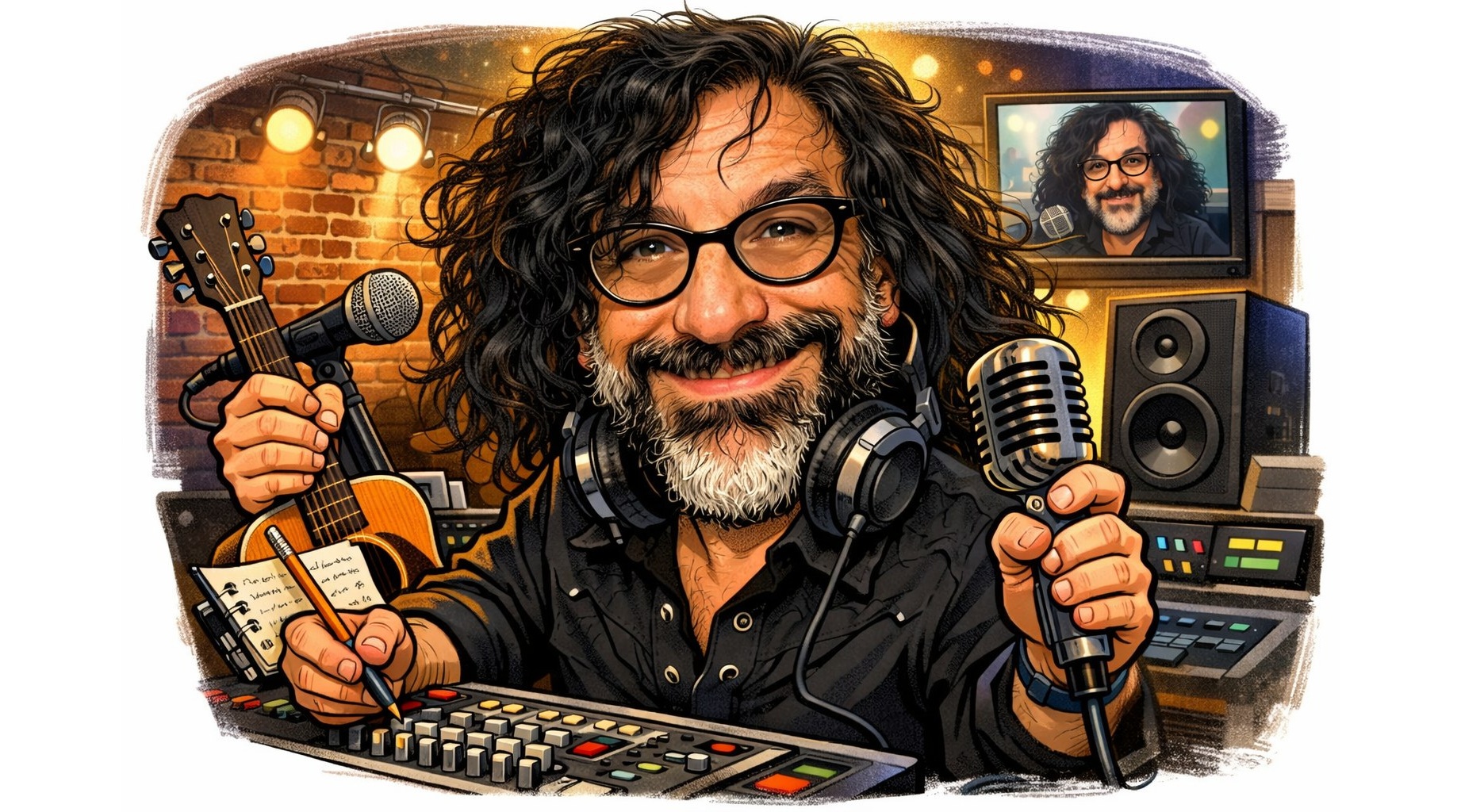 Illustration of Guy Schwartz using three hands to play guitar, write notes and hold a microphone in a recording studio