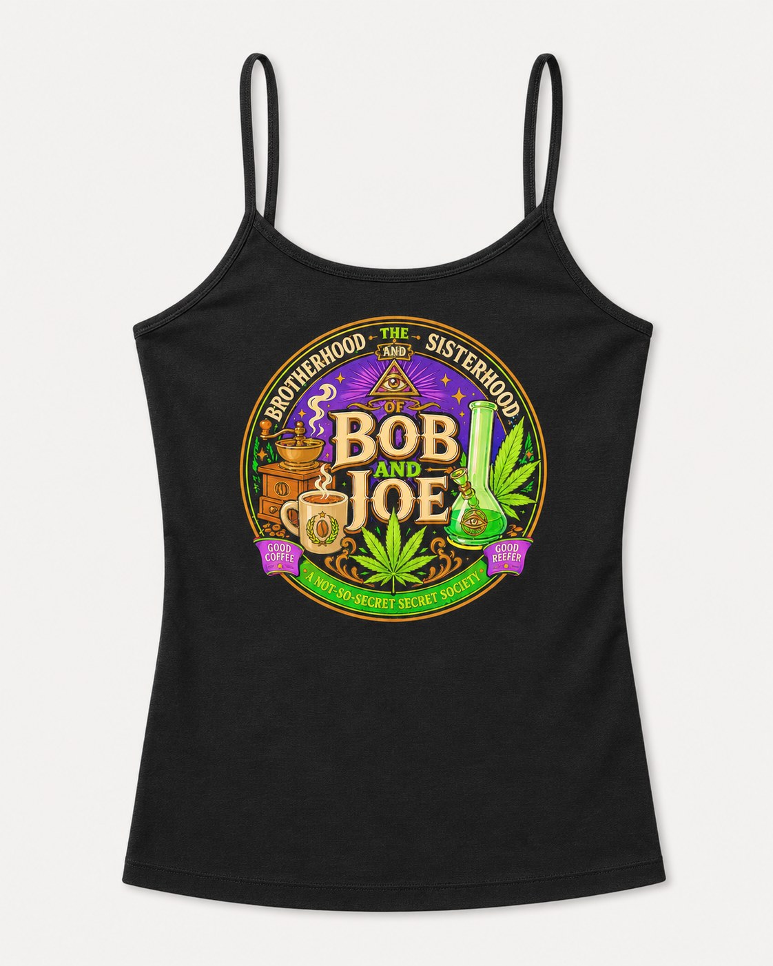 Bob and Joe design on a black camisole
