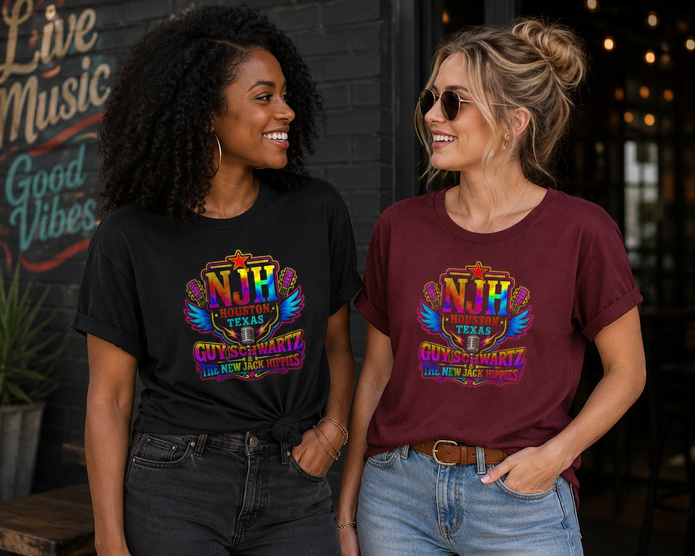 Two women wearing New Jack Hippies Houston shirts