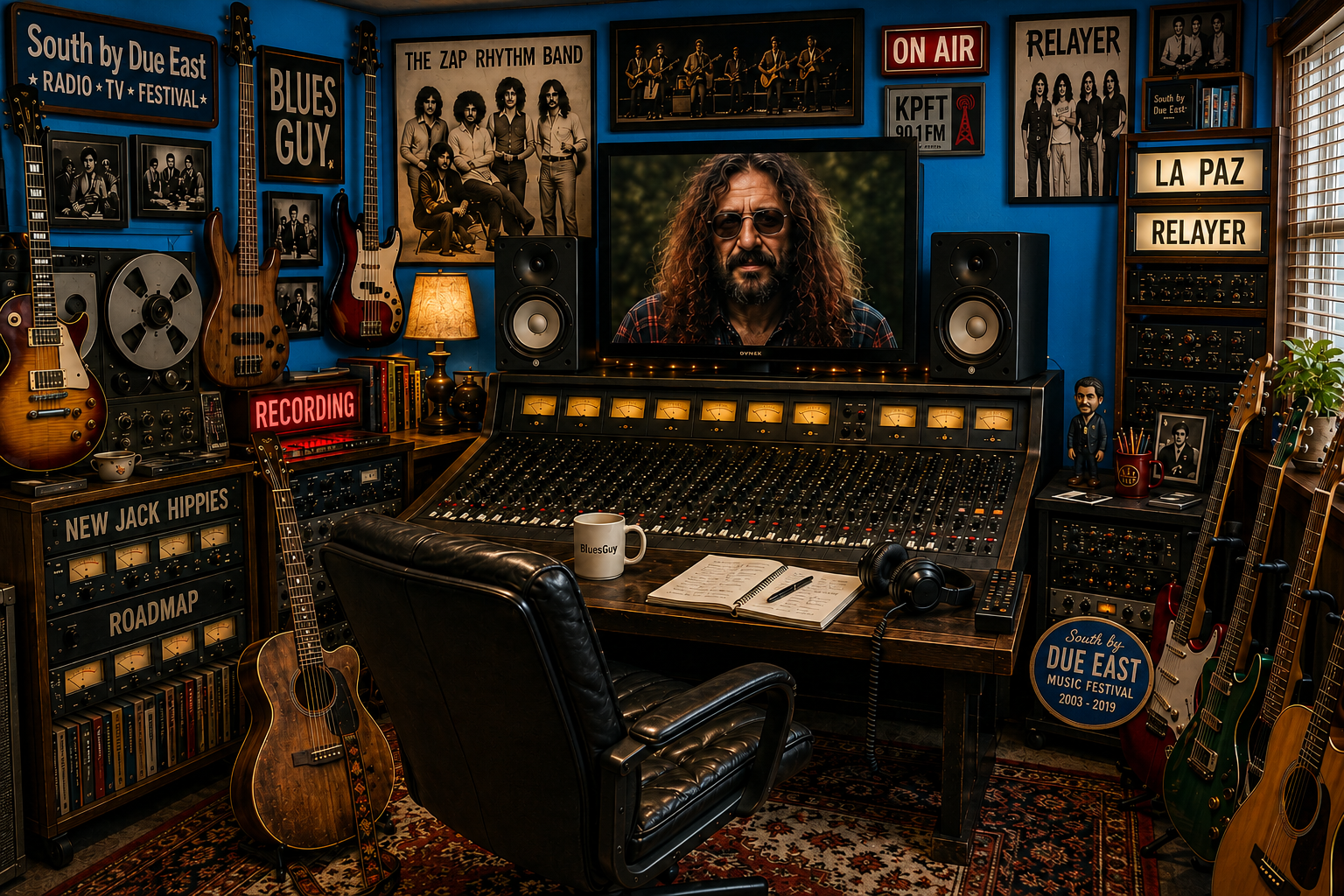 Illustrated Guy Schwartz recording room filled with guitars, recording equipment and memorabilia