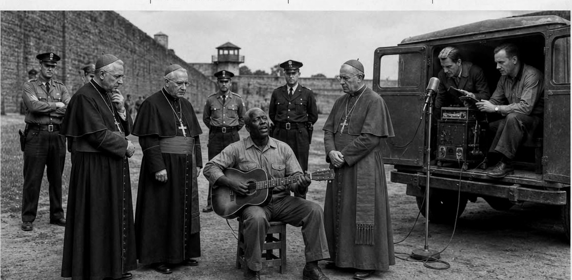 Lead Belly playing guitar as cardinals listen at Angola State Penitentiary